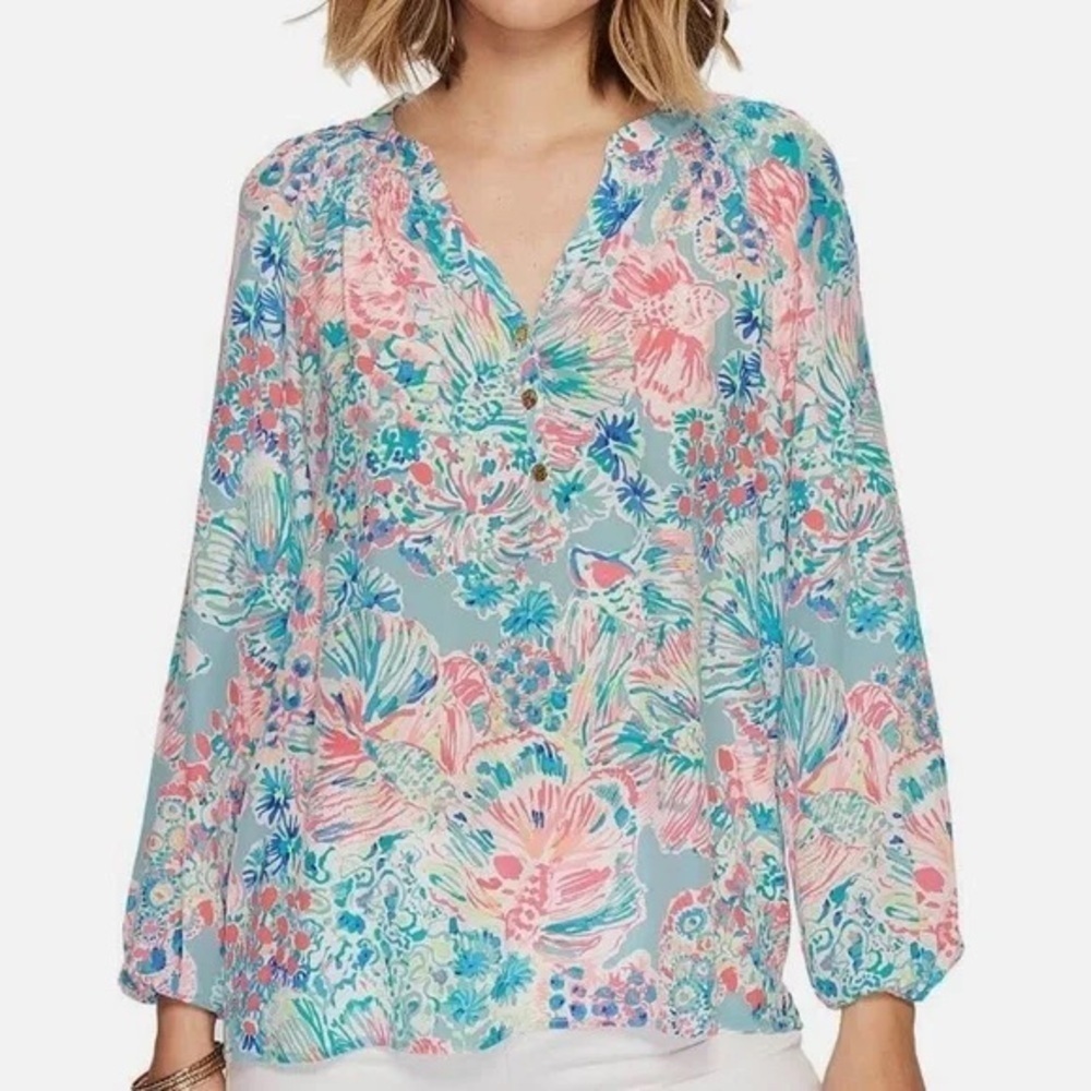 Lilly Pulitzer Elsa Top Blouse 100% Silk XSmall Long Sleeve Tropical Cruise